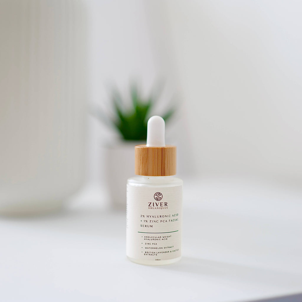 Ziver hylaluronic acid face serum bottle on a white surface with a blurred background