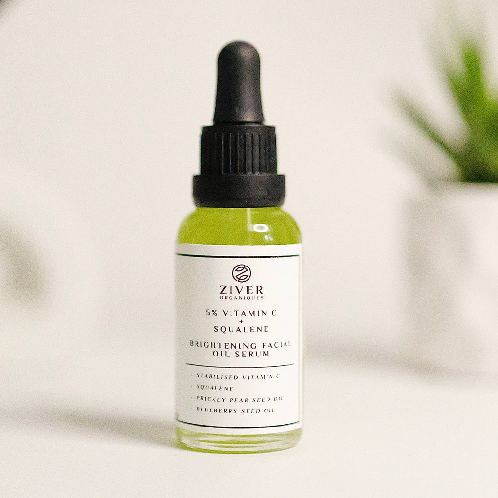 Ziver Organics facial oil serum bottle with dropper on a light background