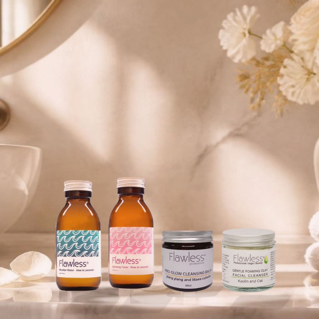 Flawless skincare Micellar Water, Rose Water Toner, Cleansing Balm, Foaming Cleanser products arranged on a marble surface in a softly lit bathroom-like setting with flowers and a mirror in the background: two amber bottles with patterned labels, one dark jar, and one clear-lidded jar.