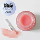 Watermelon lip mask in jar with a brush and swatch on a white background, featuring 'Pure Beauty Awards 2024 Finalist Best New Lip Product' text.